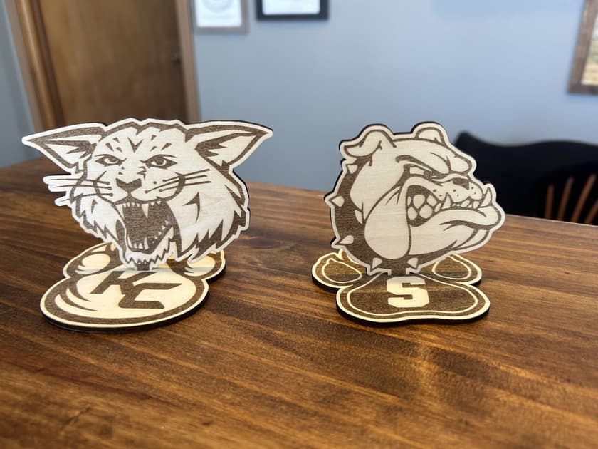 Laser engraved school mascot display pieces